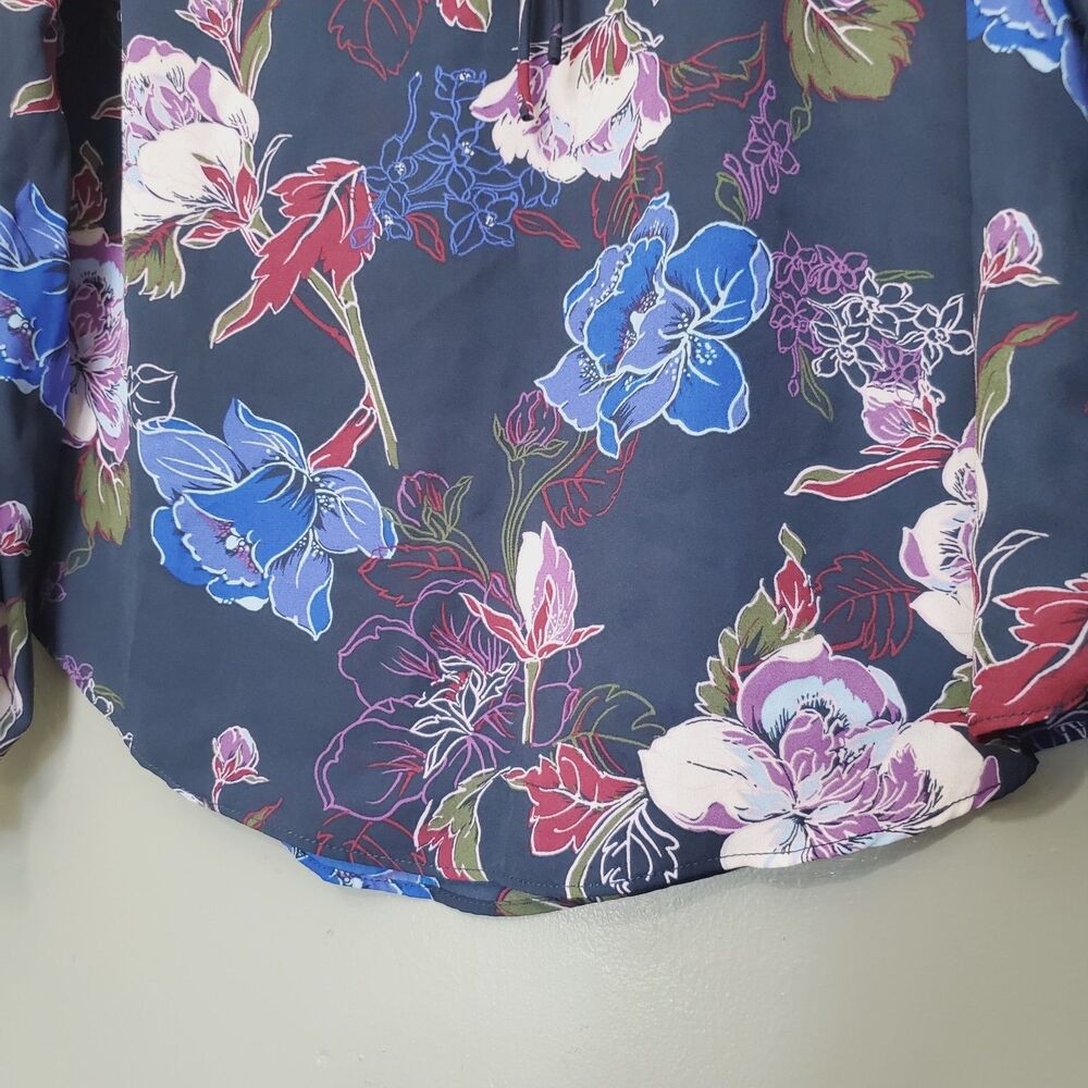 Joe Fresh Blouse Womens Size XS Blue Floral Sheer Tie Neck Sheer Top Pullover - Picture 6 of 9